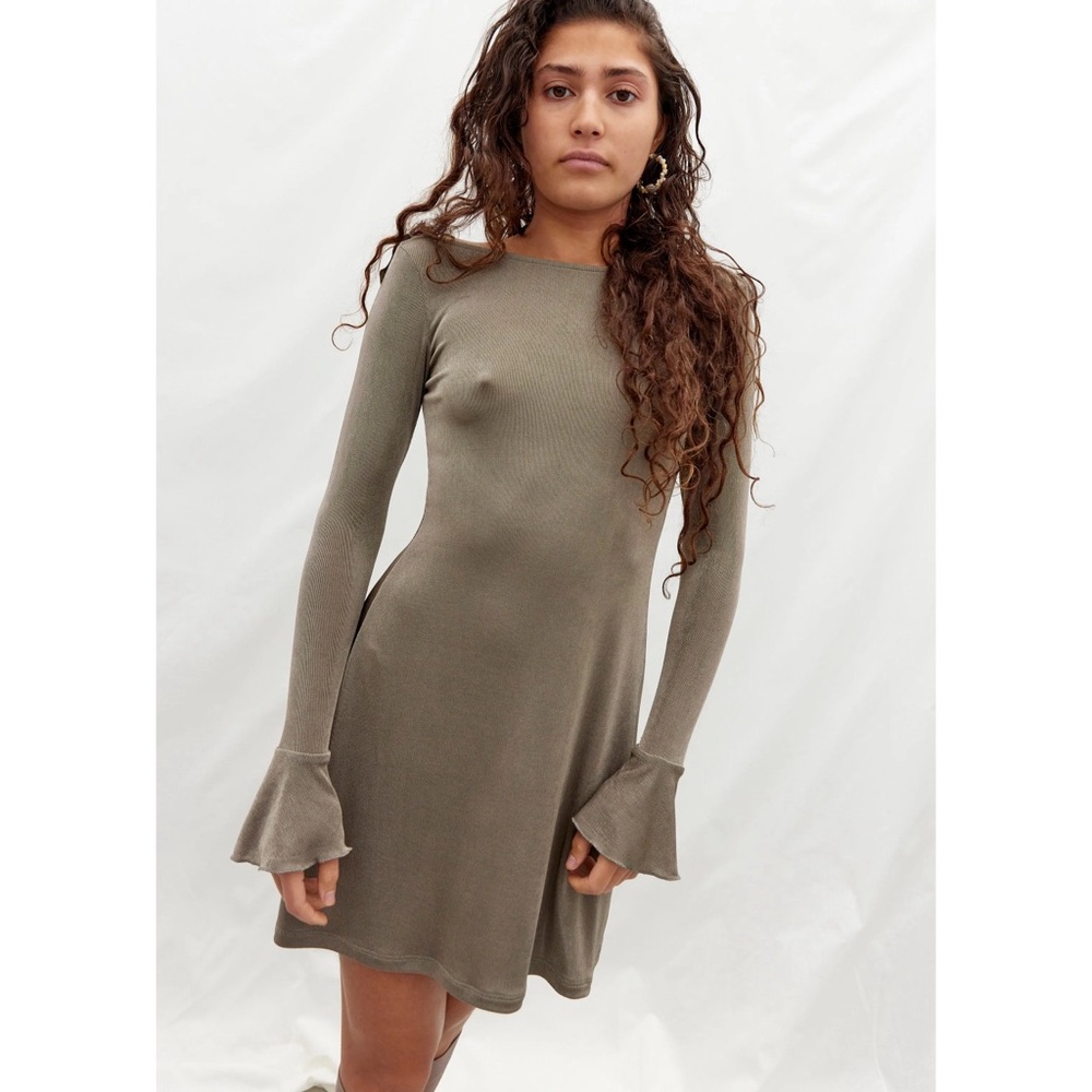Fruity Booty Slinky Dress in Taupe Greige Grey Beige Metallic Jersey Knit Frill - Picture 3 of 8